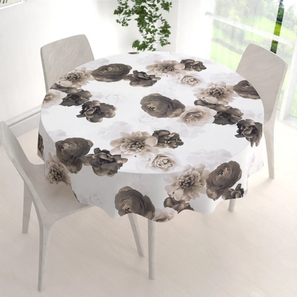 Biante Dekoračný okrúhly obrus PM-016 Veľké hnedé kvety Ø 120 cm