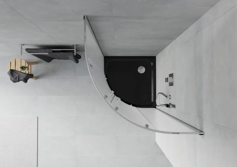 Mexen Rio, štvrťkruhový sprchovací kút s posuvnými dverami 90 x 90 cm, 6mm sklo námraza, chrómový profil + čierna sprchová vanička, 863-090-090-01-30-4170
