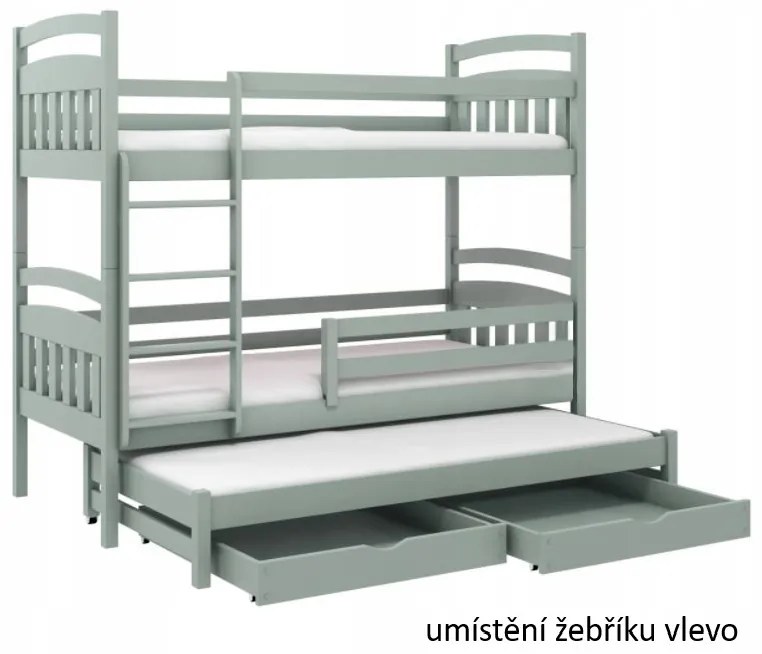 Detská poschodová posteľ z masívu borovice JAKUB III s prístelkou a šuplíky - 200x90 cm - biela