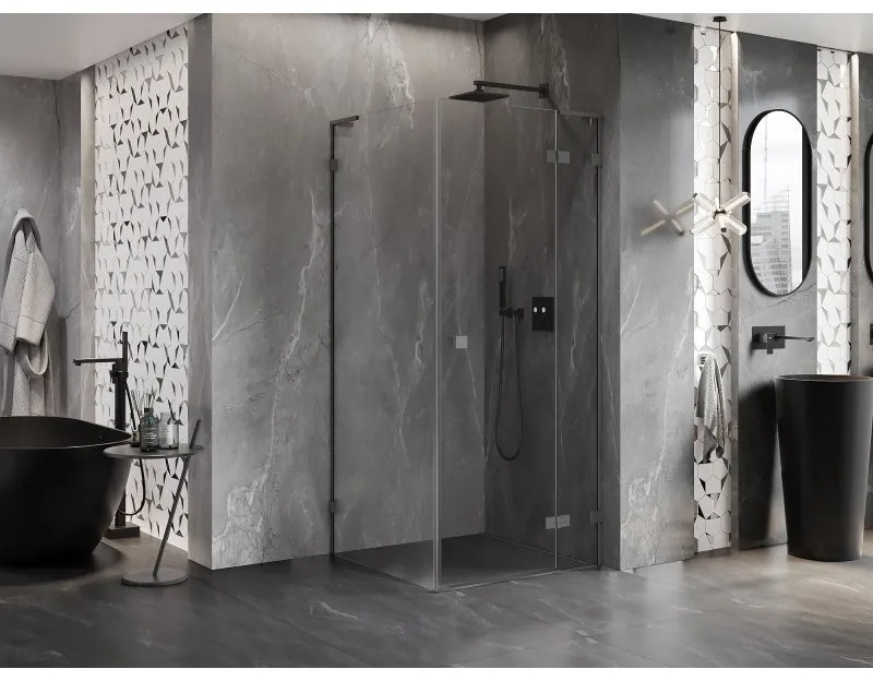 Mexen Lunar, L výklopný sprchový kút pravý 90 x 90 cm, 8mm číre sklo, grafitový profil, 834L-090-090-95-00-P