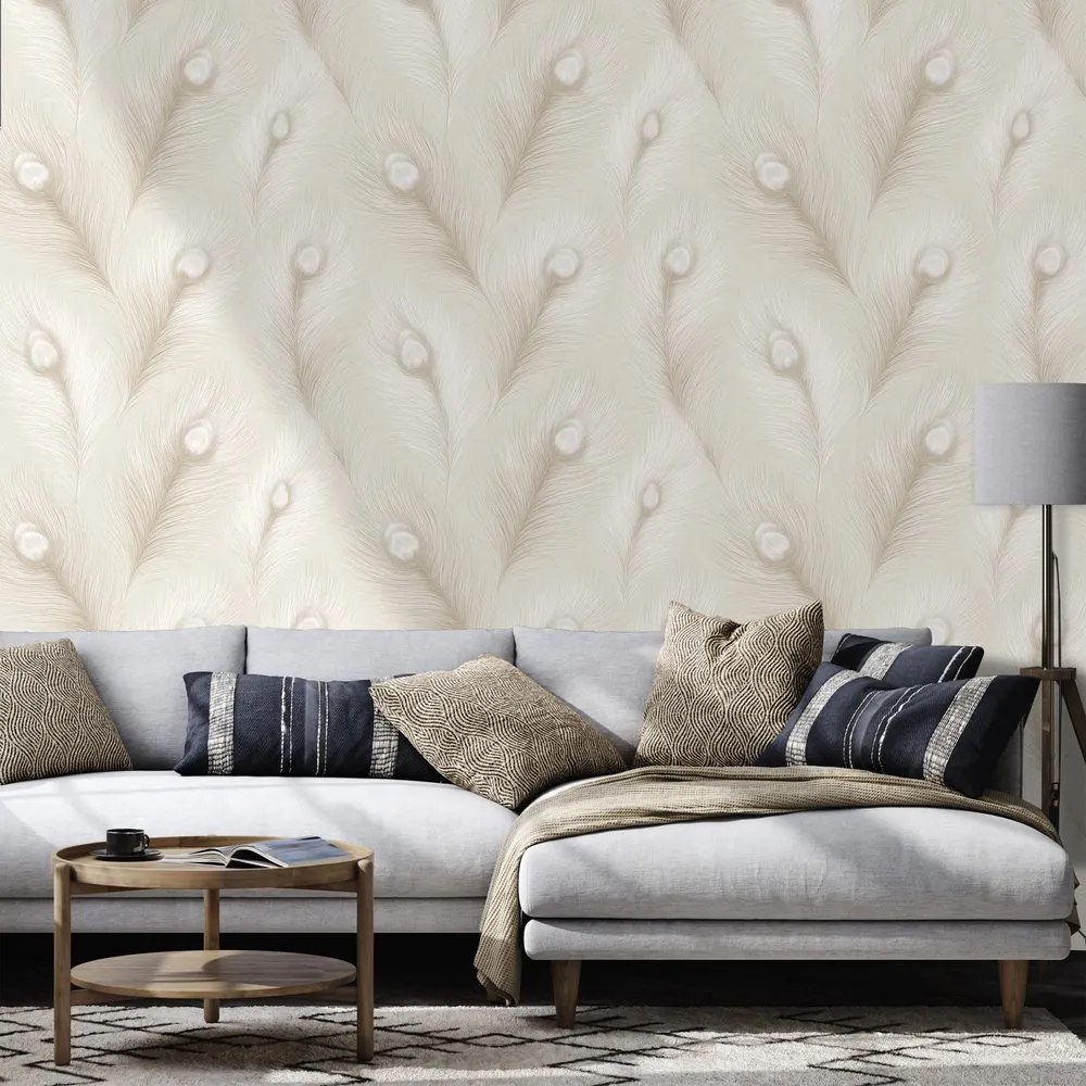 Samolepiaca tapeta béžové pávie perie v glamour štýle