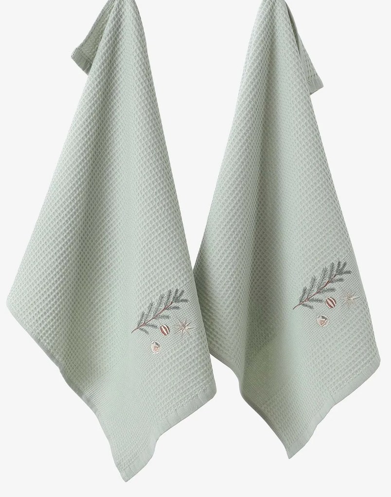 Goldea vianočná kuchynská vaflová utierka s výšivkou - baňky na vetve na šalviovom 50 x 70 cm