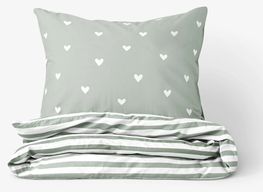 Goldea bavlnené posteľné obliečky - srdiečka na šalviovo zelenom s prúžkami 240 x 220 a 2ks 70 x 90 cm