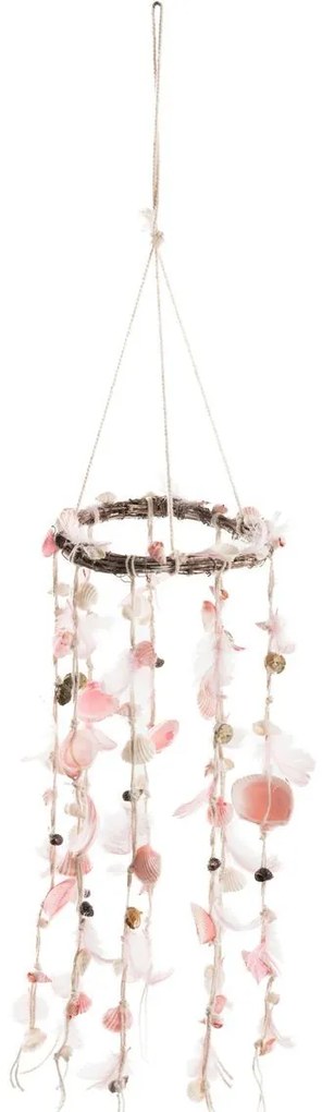 Závěsný věnec s růžovými peříčky a mušlemi Boho - Ø 15*75 cm
