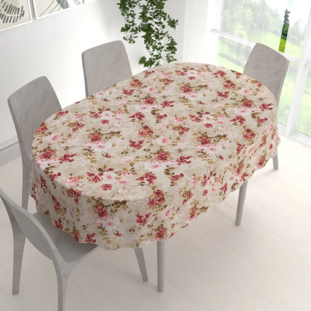 Biante Veľký dekoračný oválny obrus Leona LN-167 Plané ruže na béžovom 260x320 cm