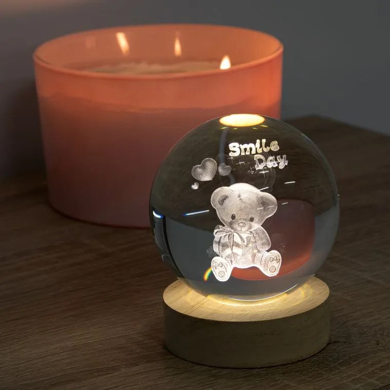 Sklenená LED guľa na drevenom podstavci MACKO