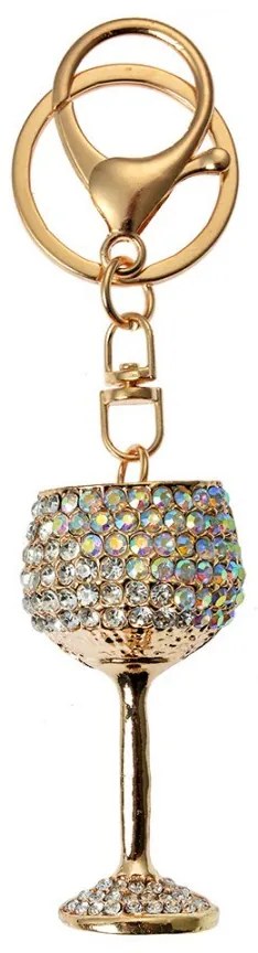 Zlatý kovový prívesok na kľúče s kamienkami pohár na víno - 3*2*6 cm