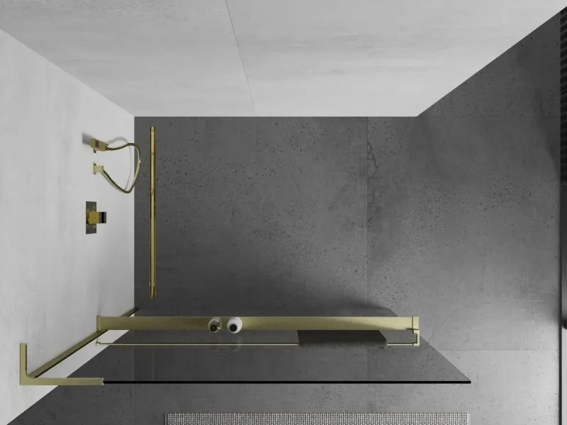 Mexen Kioto+ L, sprchová zástena Walk-In s poličkou a vešiakom 85 x 200 cm, 8mm číre sklo, zlatý matný profil, 800-085-123-55-00