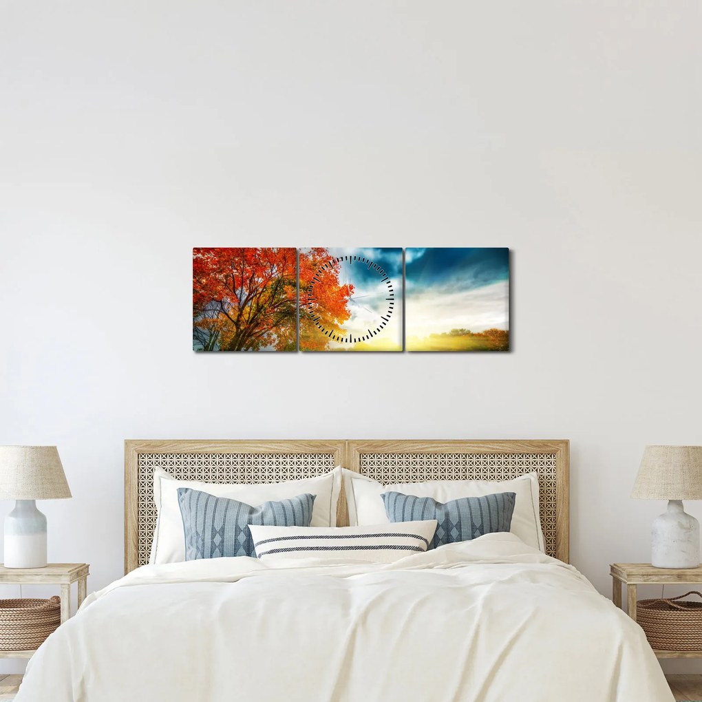 Obraz krajiny zaliate slnečným svitom (s hodinami) (90x30 cm)