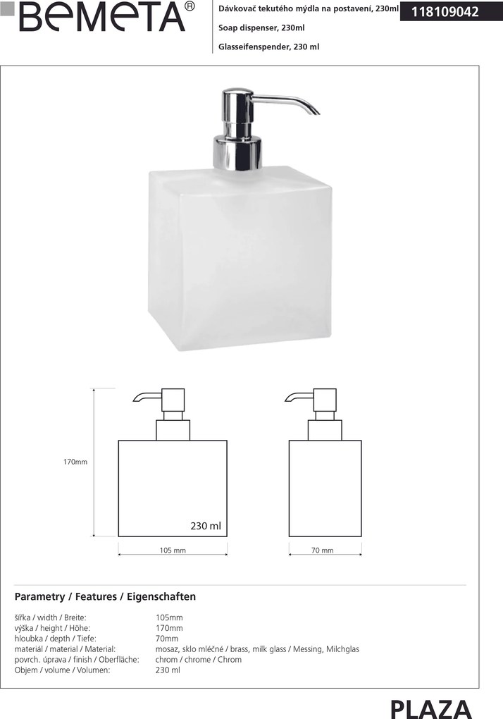 Bemeta Design BETA: Dávkovač mydla, 230 ml, na postavenie - 118109042