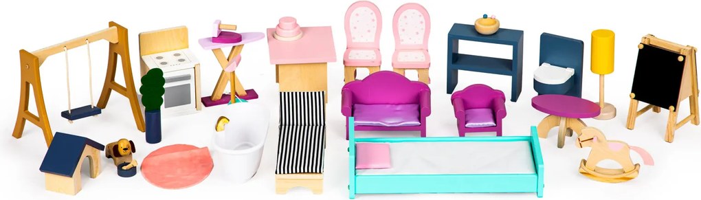 Veľký drevený domček pre bábiky ECOTOYS Rezidencia Maya 138 cm, 4 poschodia, 28 dielov
