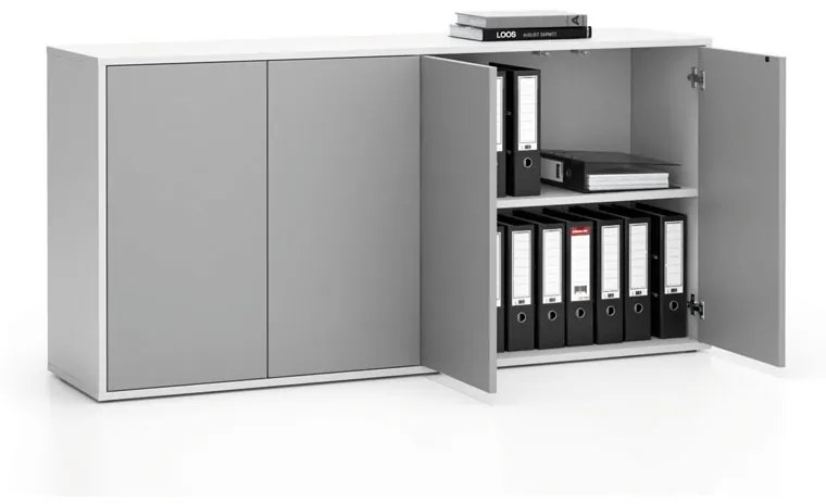 PLAN Kancelárska skrinka s dverami LAYERS, dlhá, 1582 x 400 x 777, biela / sivá