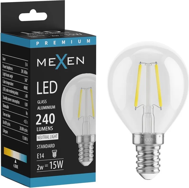 Mexen Vintis, LED filamentová žiarovka E14, G45, 2 W, neutrálna biela 4000K, číra, L156-E14-0240-00