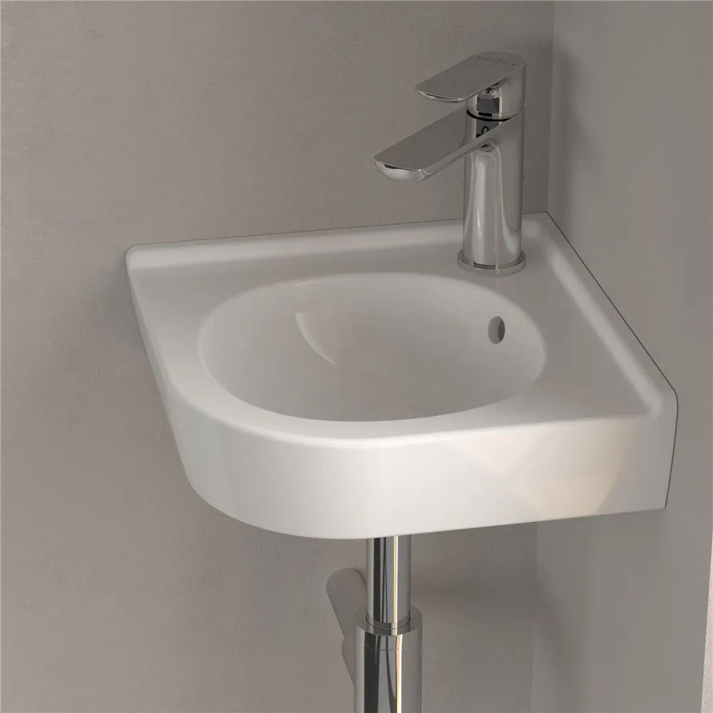 VILLEROY &amp; BOCH O.novo Compact rohové závesné umývadielko s otvorom, s prepadom, 450 x 400 mm, biela alpská, s povrchom CeramicPlus, 731032R1