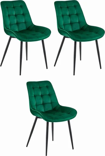 Set troch jedálenských stoličiek BERA zamatové tmavozelené / čierne nohy (3ks)