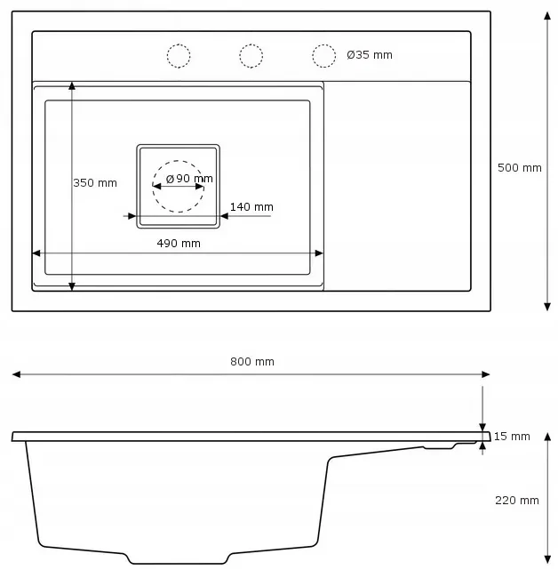 Gamma Quadro 8151, 1-komorový granitový drez 800x500x220 mm, čierna škvrnitá, GMA-ZLE000185