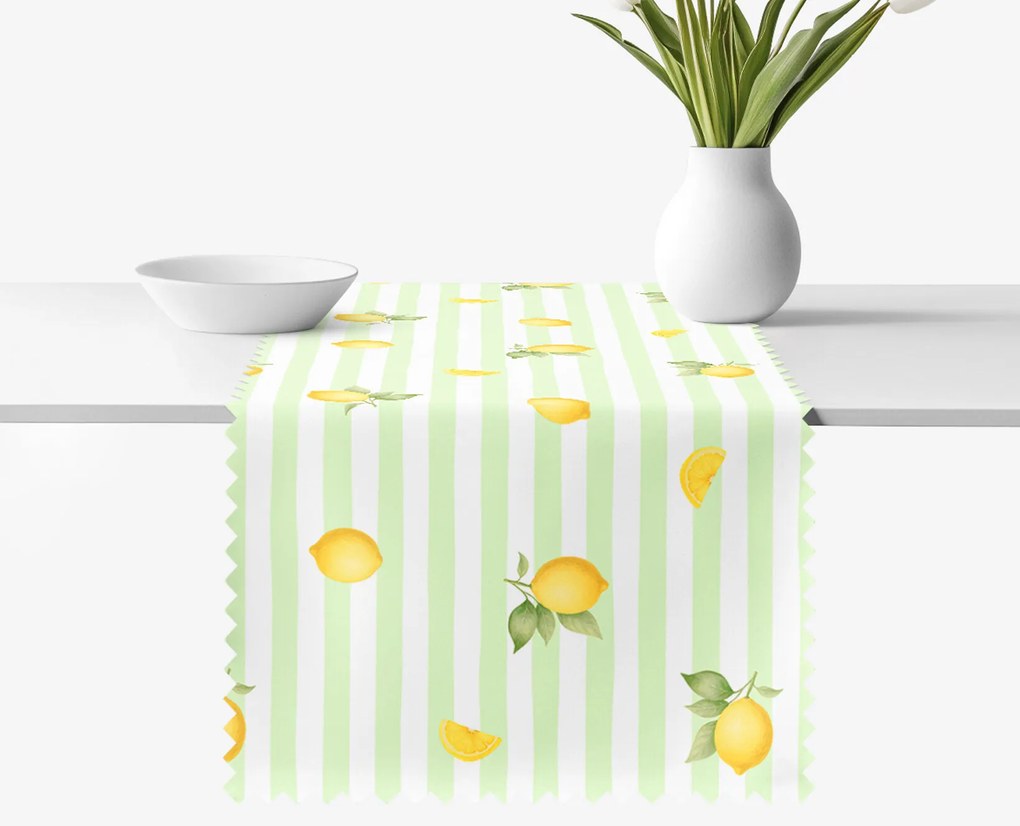 Goldea behúň na stôl teflónový - zelené prúžky s citrónmi 50x120 cm