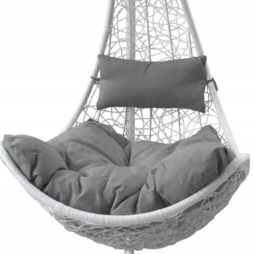 Garden Line BIELA ZÁVESNÁ STOLIČKA, VANKÚŠ – TMAVOSIVÁ, RÁM – BIELY, POLOVICA