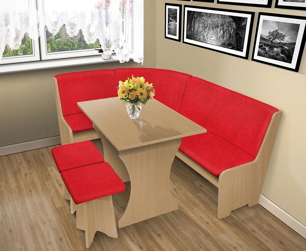 Nabytekmorava Jedálenská rohová lavica sa štokrlemi a stolom farba lamina: buk 381, čalúnenie vo farbe: Alova červená