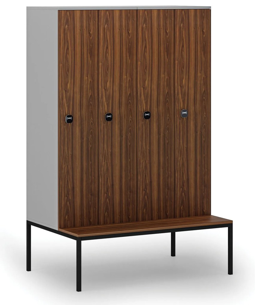 Drevená šatníková skrinka S4 s lavičkou, 4 oddiely, 1871 x 1200 x 500/800 mm, demont, RFID zámok, sivá/orech