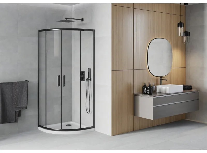 Mexen Rio, štvrťkruhový sprchovací kút s posuvnými dverami 90 x 90 cm, 6mm číre sklo, čierny profil + biela sprchová vanička, 863-090-090-70-00-4110B
