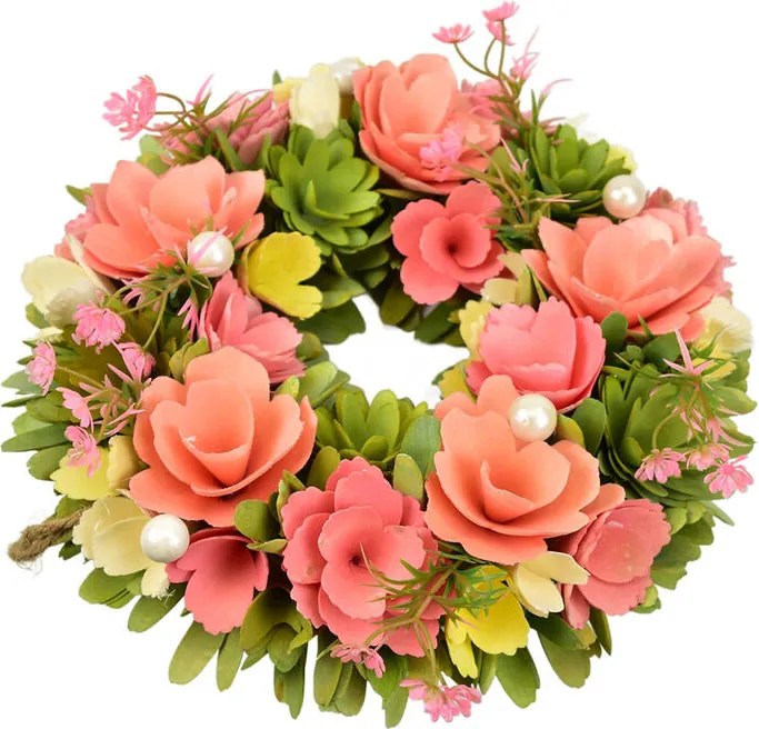 Veniec z drevených kvetov s perličkami 30 cm