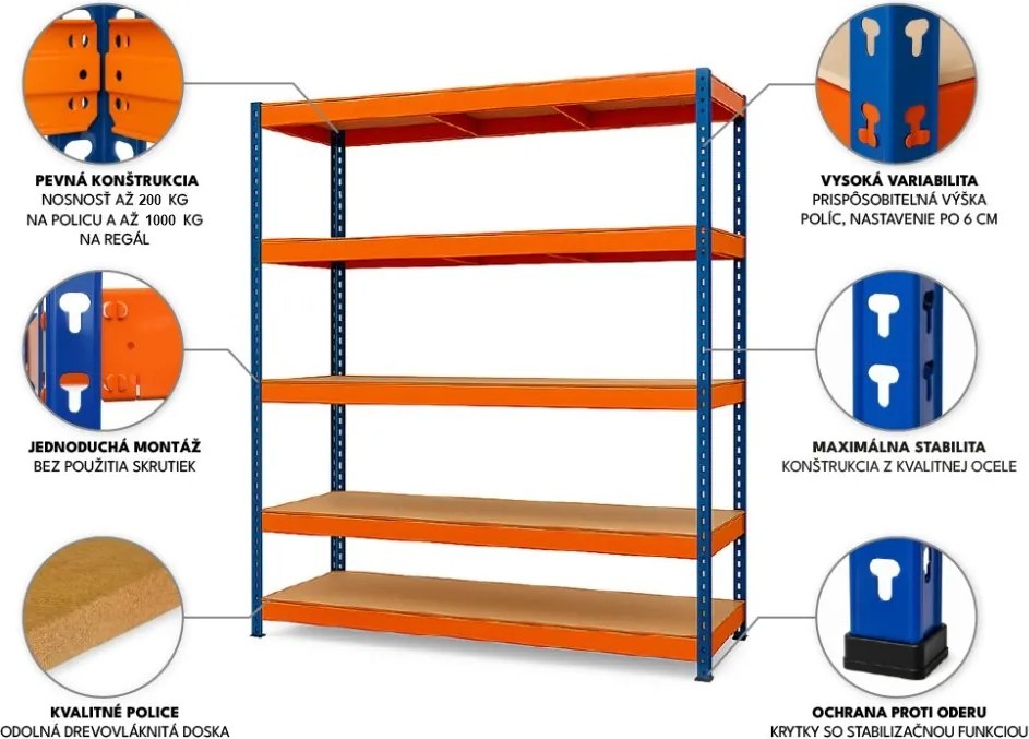 Regál 180x90x40 cm lakovaný 5-policový, nosnosť 100 kg - modro-oranžový