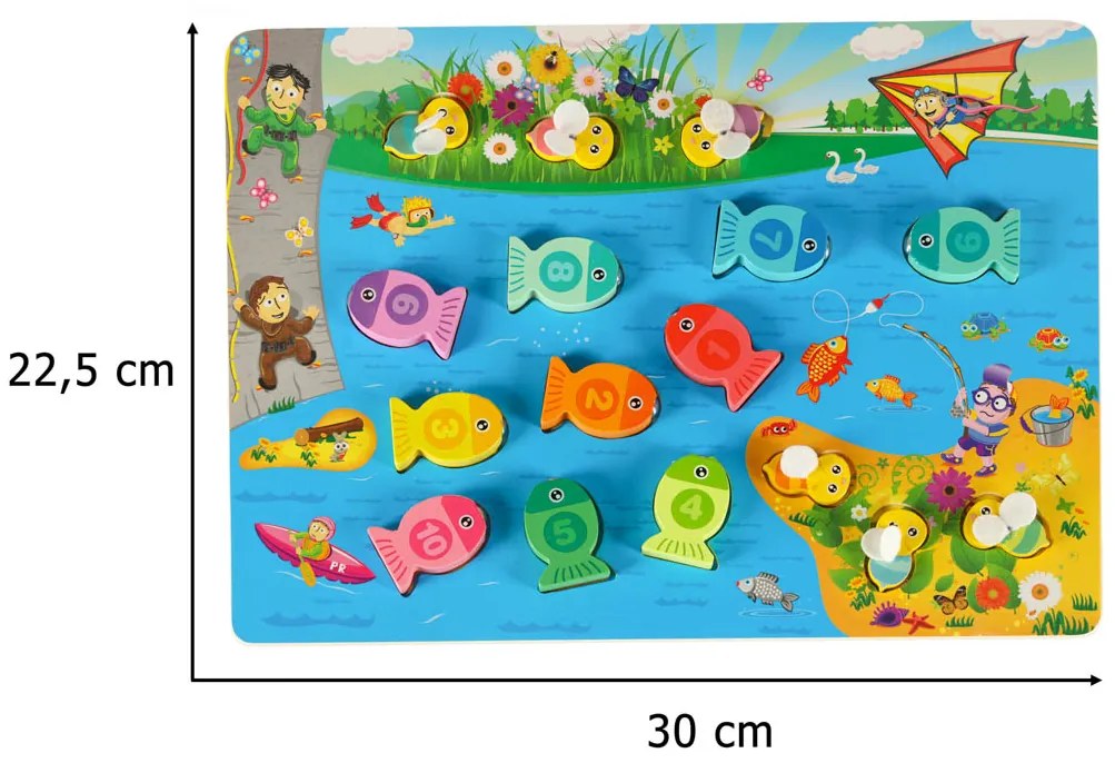 KIK Drevené Montessori puzzle 3v1 – magnetický rybolov, triedenie a počítanie