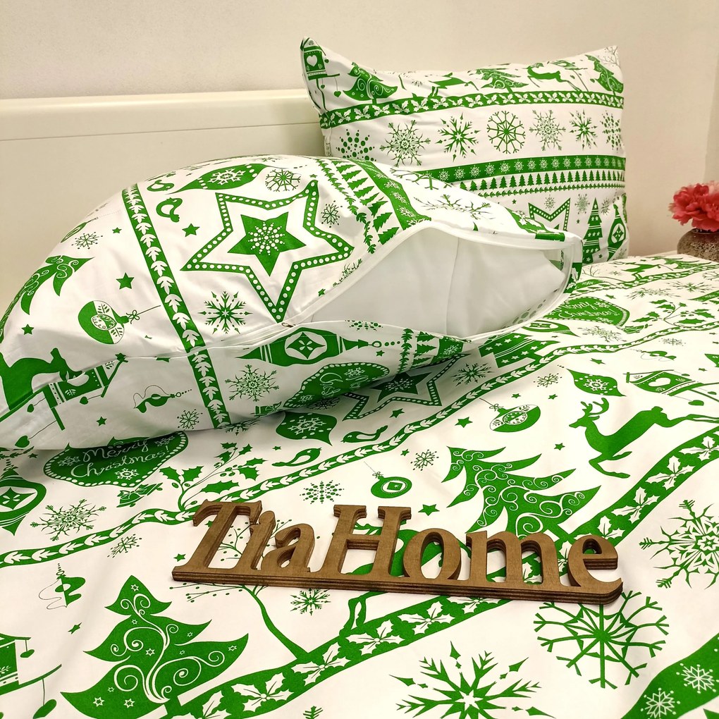Pamut lepedők Karácsonyi zöld Christmas ágynemű TiaHome - 1x Vankúš 90x70cm, 1x Paplón 140x200cm
