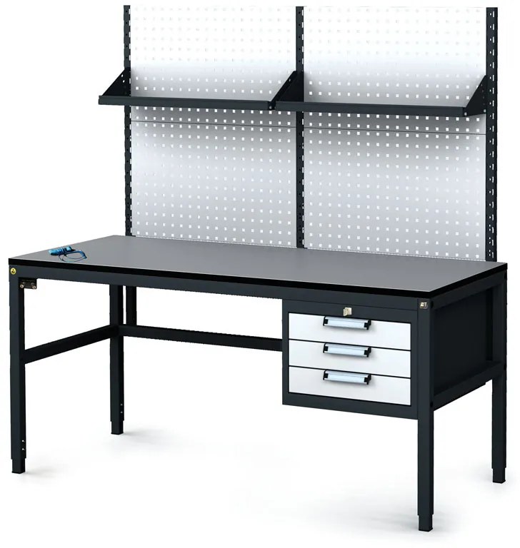 Antistatický dielenský ESD stôl s perfopanelom a policami, 3 zásuvkový box na náradie, 1600x800x745-985 mm