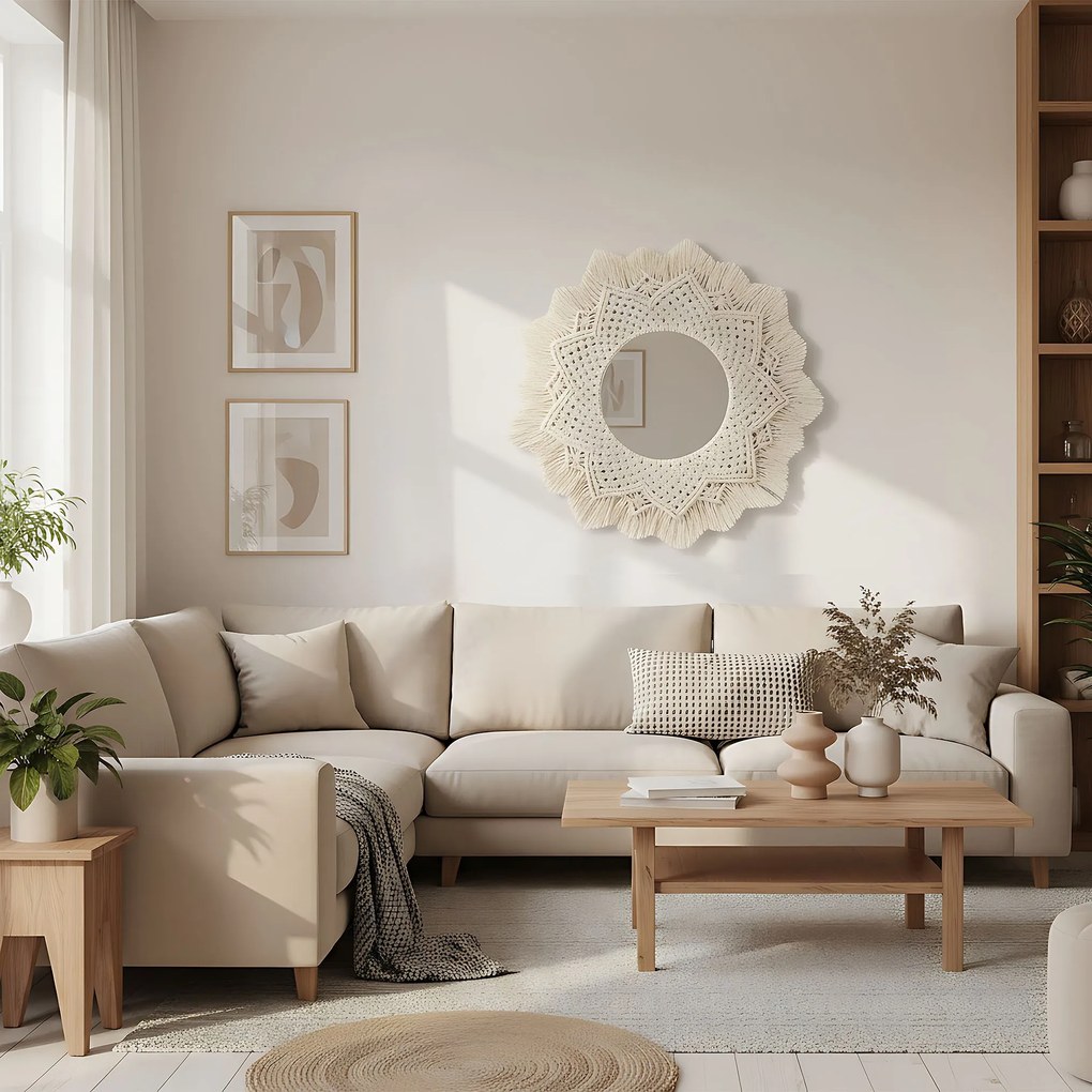 Kulaté nástěnné zrcadlo BOHO 60 cm béžové