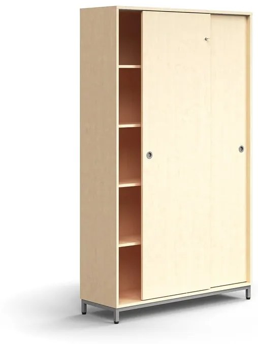 Skriňa s posuvnými dverami QBUS, 4 police, na nožičkách, s madlom, 2020x1200x400 mm, strieborná, bre