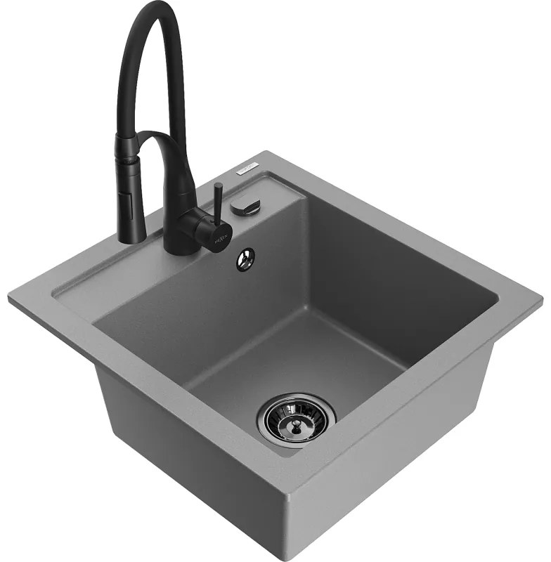 Mexen Vito, 1-komorový granitový drez 490x520x210 mm a drezová batéria Aster, šedá, 6503-71-73450-70-B