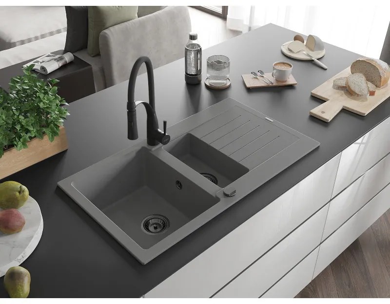 Mexen Matias, granitový drez 900x505x200 mm, 1,5-komorový a drezová batéria Aster, šedá, 6502-71-73450-70-B