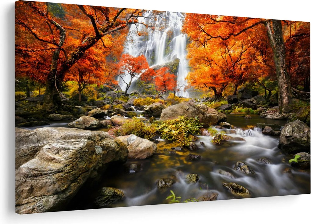 Obraz - Vodopády v oranžovom lese (90x60 cm)