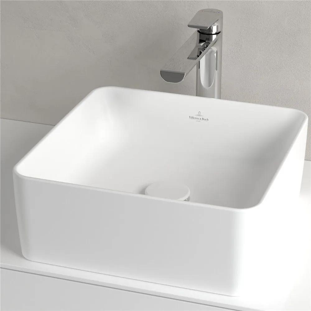 VILLEROY &amp; BOCH Collaro štvorcové umývadlo na dosku bez otvoru, bez prepadu, 380 x 380 mm, Stone White, s povrchom CeramicPlus, 4A2138RW
