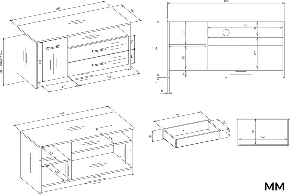 TV stolek SIMPLO 1D2S 109 cm antracitový/dub artisan