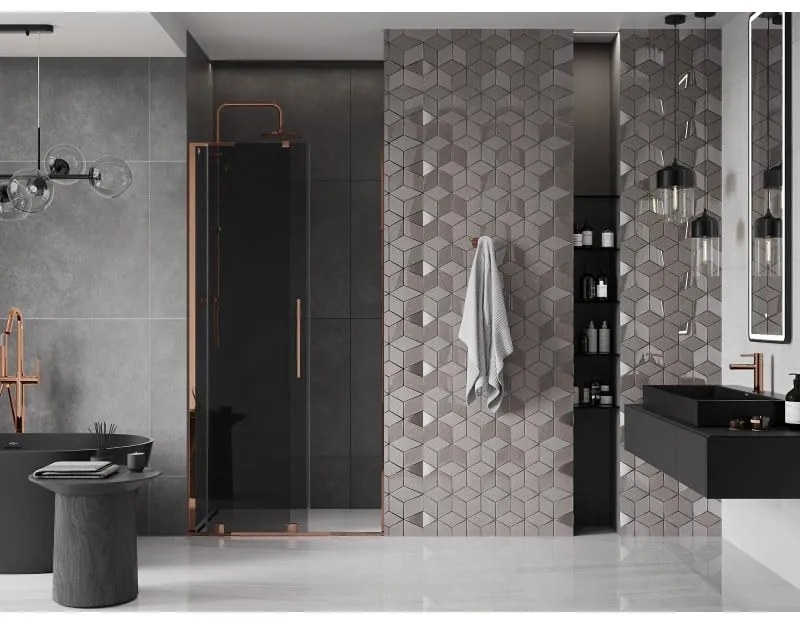 Mexen Velar L, posuvné sprchové dvere do otvoru 120 cm, 8mm šedé sklo, ružové zlato, 871-120-003-41-60