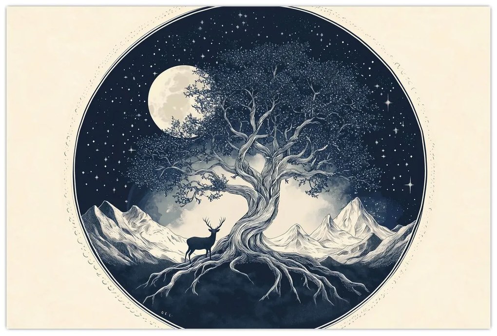 Obraz – Magický strom s jeleňom I. (90x60 cm)