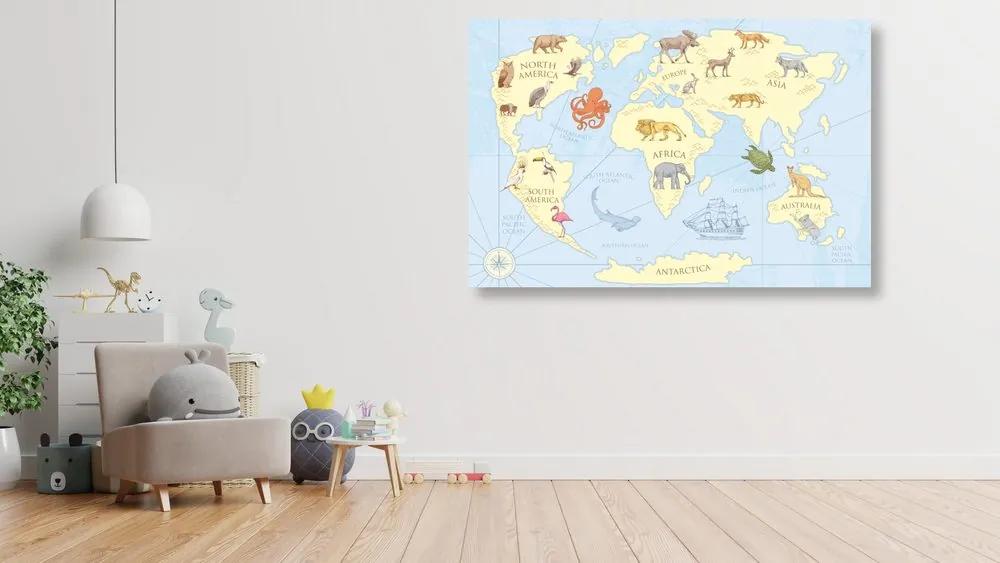 Obraz na korku kreslená mapa sveta s zvieratami