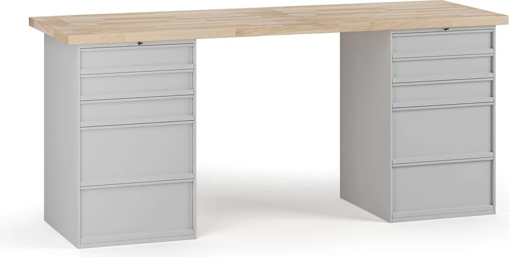 Dielenský pracovný stôl G7, buková škárovka, 2000 x 685 x 840 mm, 2x kontajner, 10 zásuviek, sivá