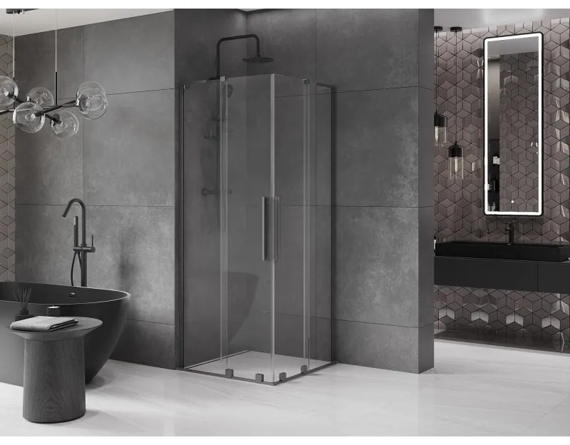 Mexen Velar L Duo, sprchový kút s posuvnými dverami 80 x 80 cm, 8mm číre sklo, brúsený grafit, 871-080-080-02-03-95