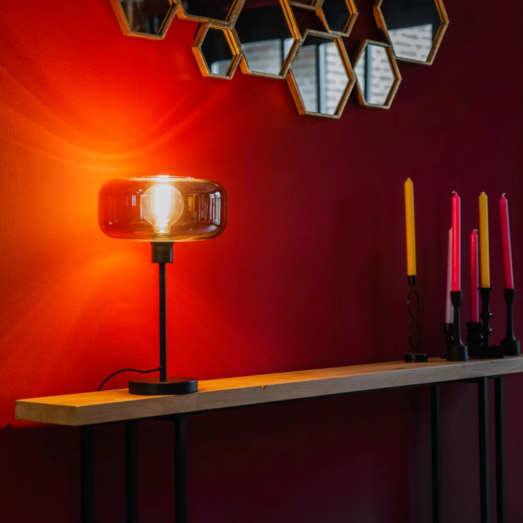 Art Deco stolná lampa čierna s dymovým sklom - Bizle