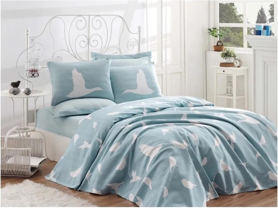 Bavlnený pléd cez posteľ na jednolôžko Single Pique Mint, 160 × 235 cm