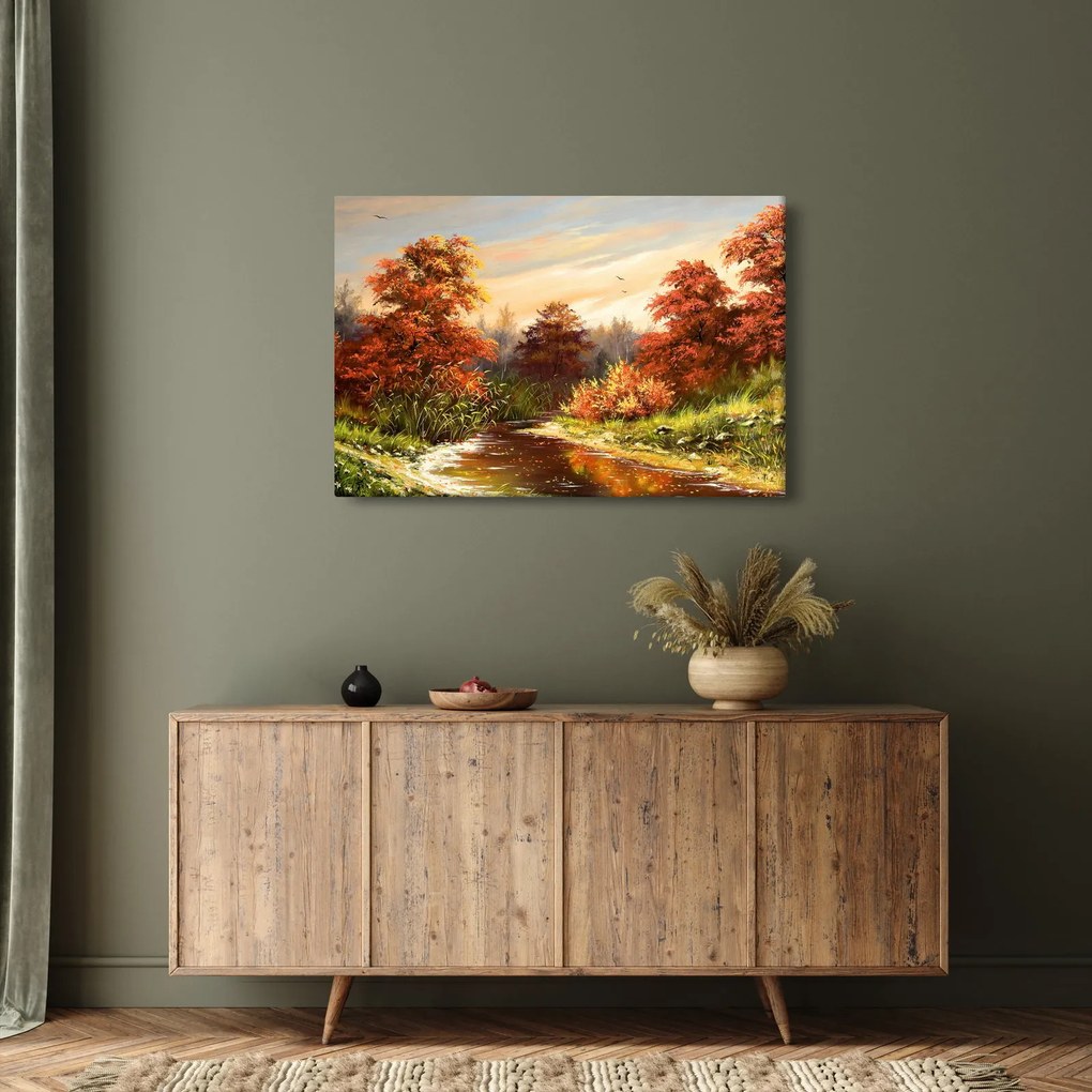 Obraz rieky v jesennej krajine, olejomaľba (90x60 cm)