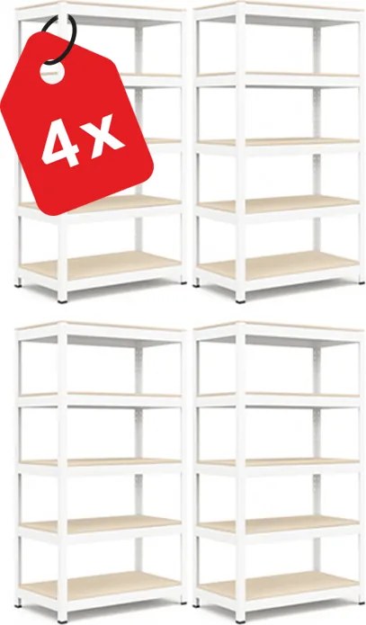 Regál 183x90x40 cm lakovaný 5-policový, nosnosť 1000 kg, RIVET - biely - 4ks