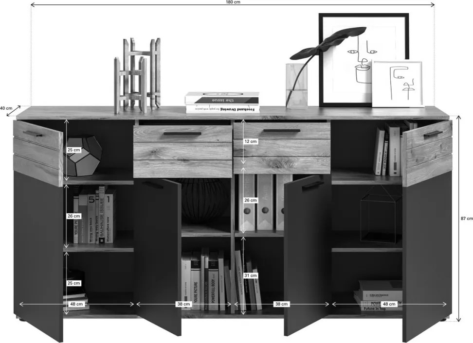 Široká komoda Mason 180 cm, dub/šedá