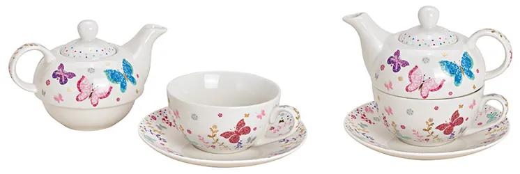 Čajník so šálkou a podšálkou v darčekovej krabičke, porcelán, "Dekor motýle"