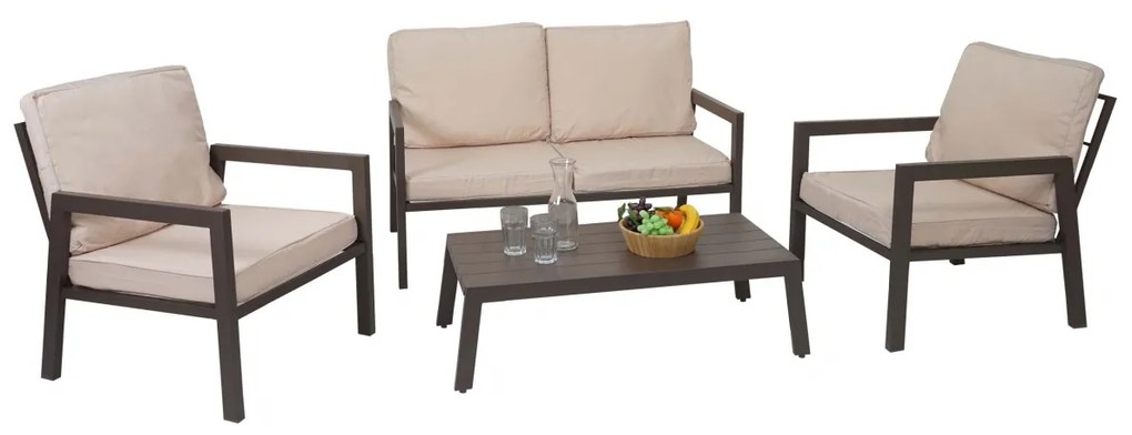 Záhradná súprava 2 kresiel, lavice a stolíka HWC-L64 - čalúnenie krémovo-biela