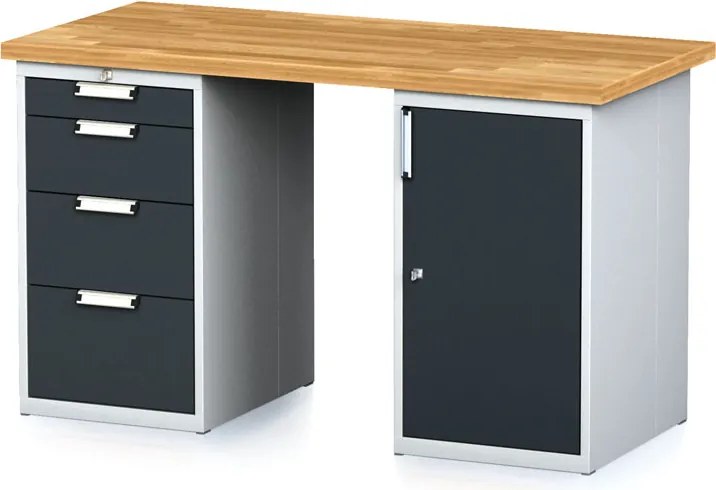 Dielenský stôl MECHANIC I so zásuvkovým boxom a skrinkou na náradie namiesto nôh, 4 zásuvky, 1500 x 685 x 880 mm, grafitové dvere